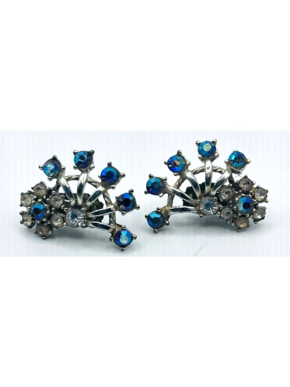 Vintage Blue Rhinestone Fan Spray Clip On Earrings Silver Tone